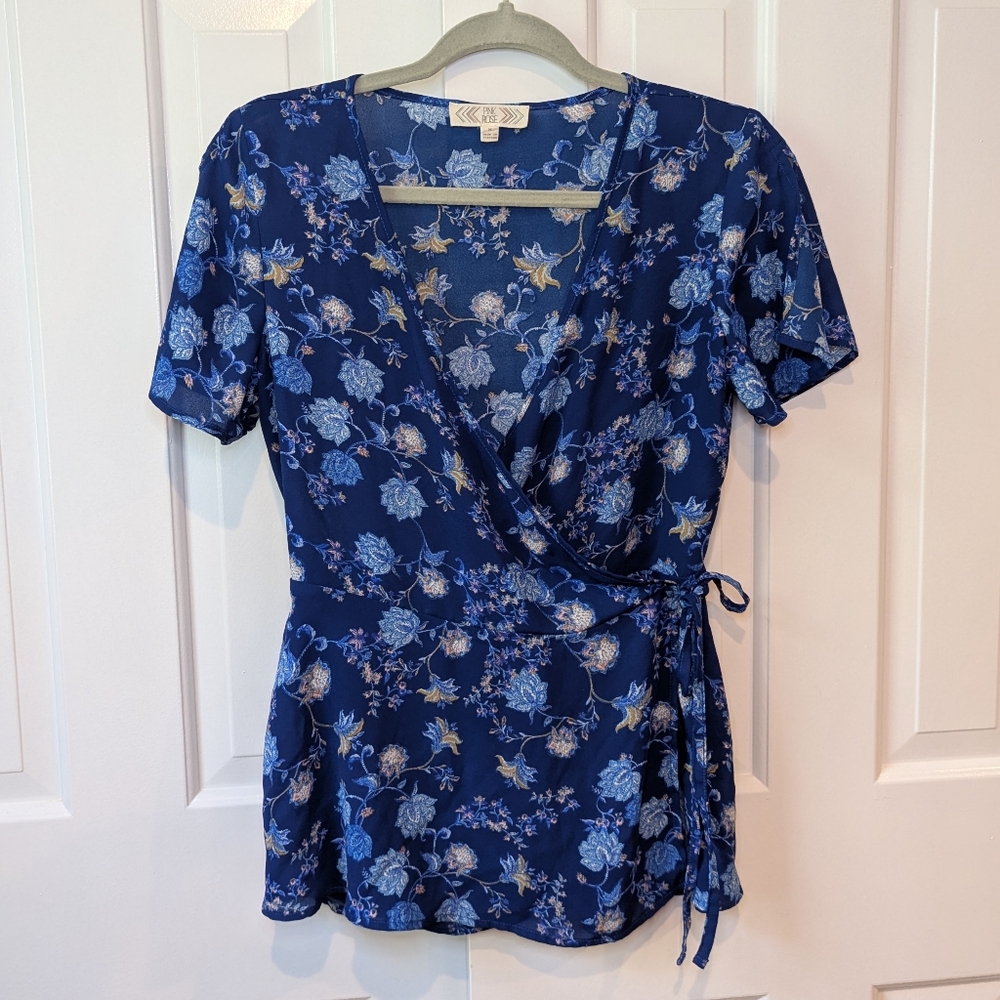 PINK ROSE Wrap Top Floral Blue Size M Blouse